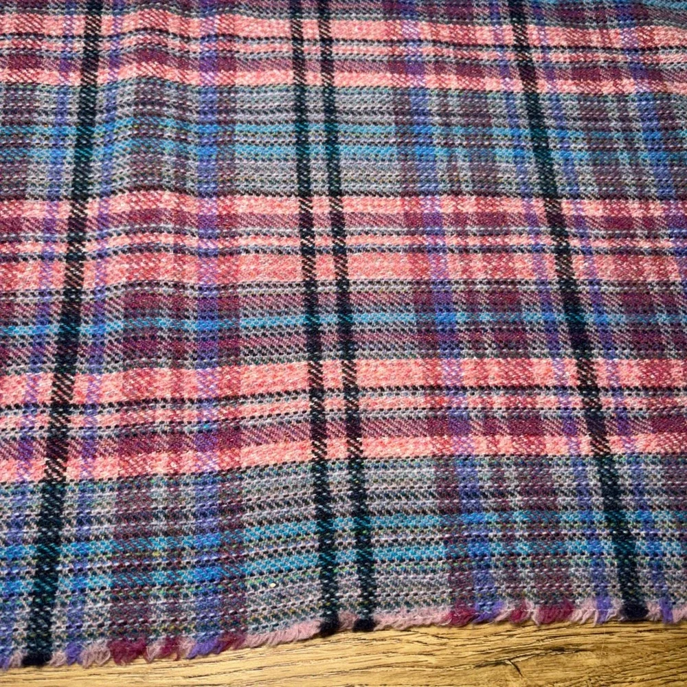 Vintage Kirkburn Mills Scotland Wool Tartan Throw Blanket Pink Blue Fringe 72x59